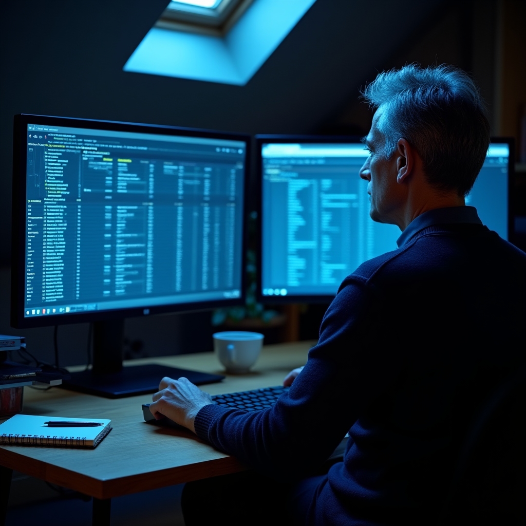 Technical SEO audit workspace with multiple monitors showing crawl data